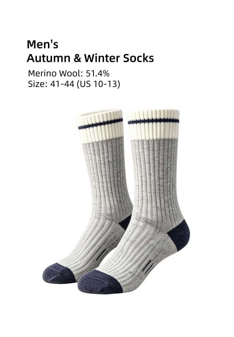 Men's Merino Wool Socks for Autumn Winter, 120N Double Needle Classic Boot Style Socks, Thick Warm Mid-high Calf Socks (SO239)